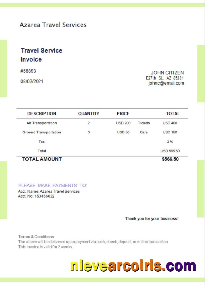 USA Azarea Travel Services invoice